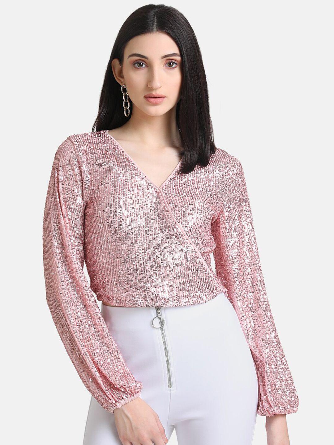 kazo woman pink sequin wrap top