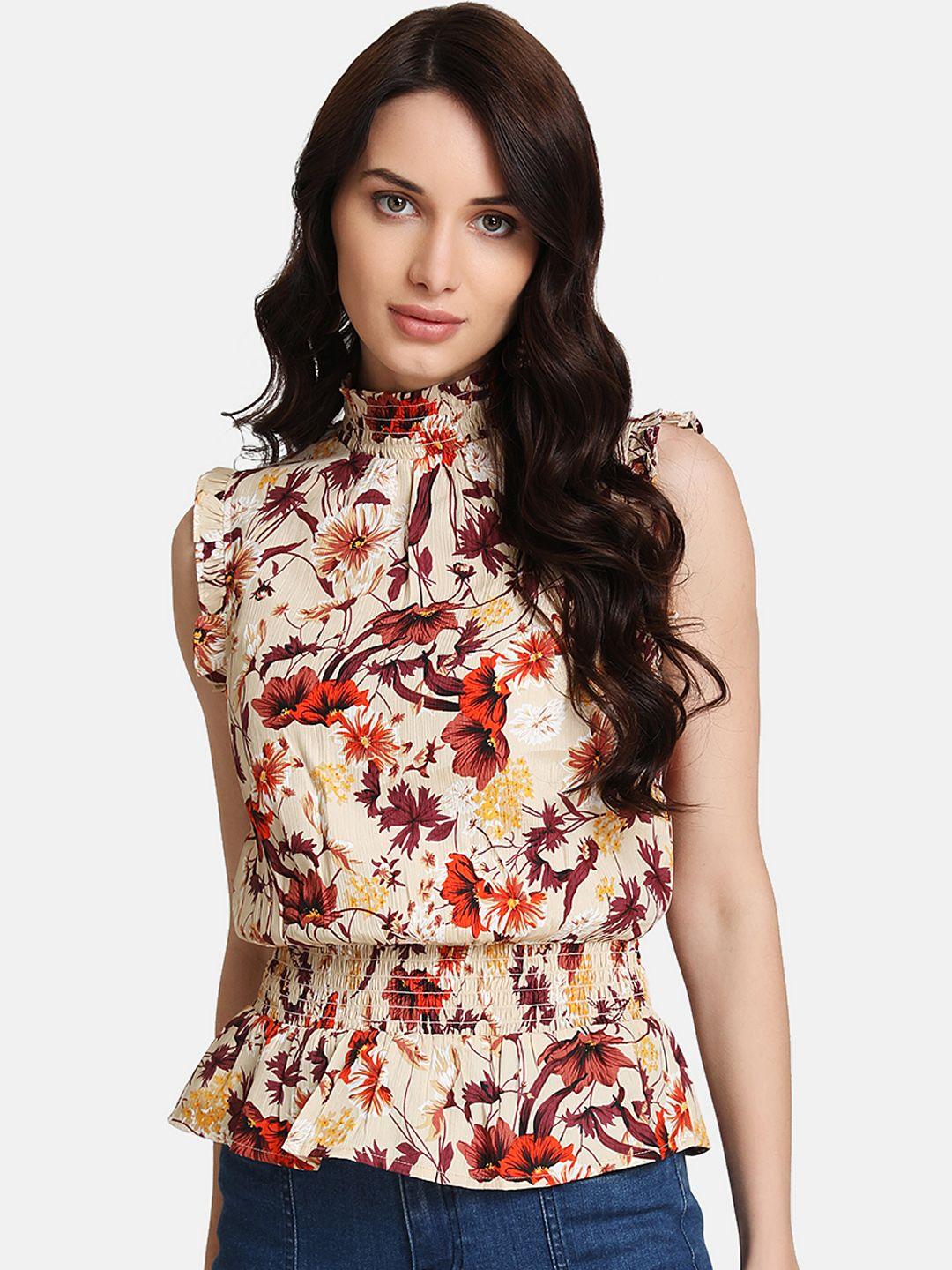 kazo women beige & maroon printed cinched waist top