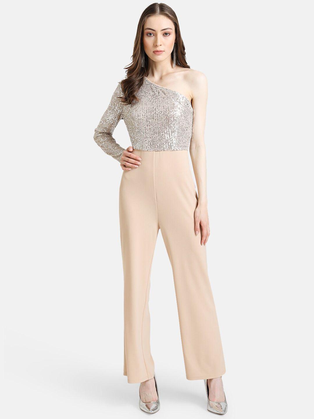 kazo women beige & silver-toned one shoulder embellished jumpsuit