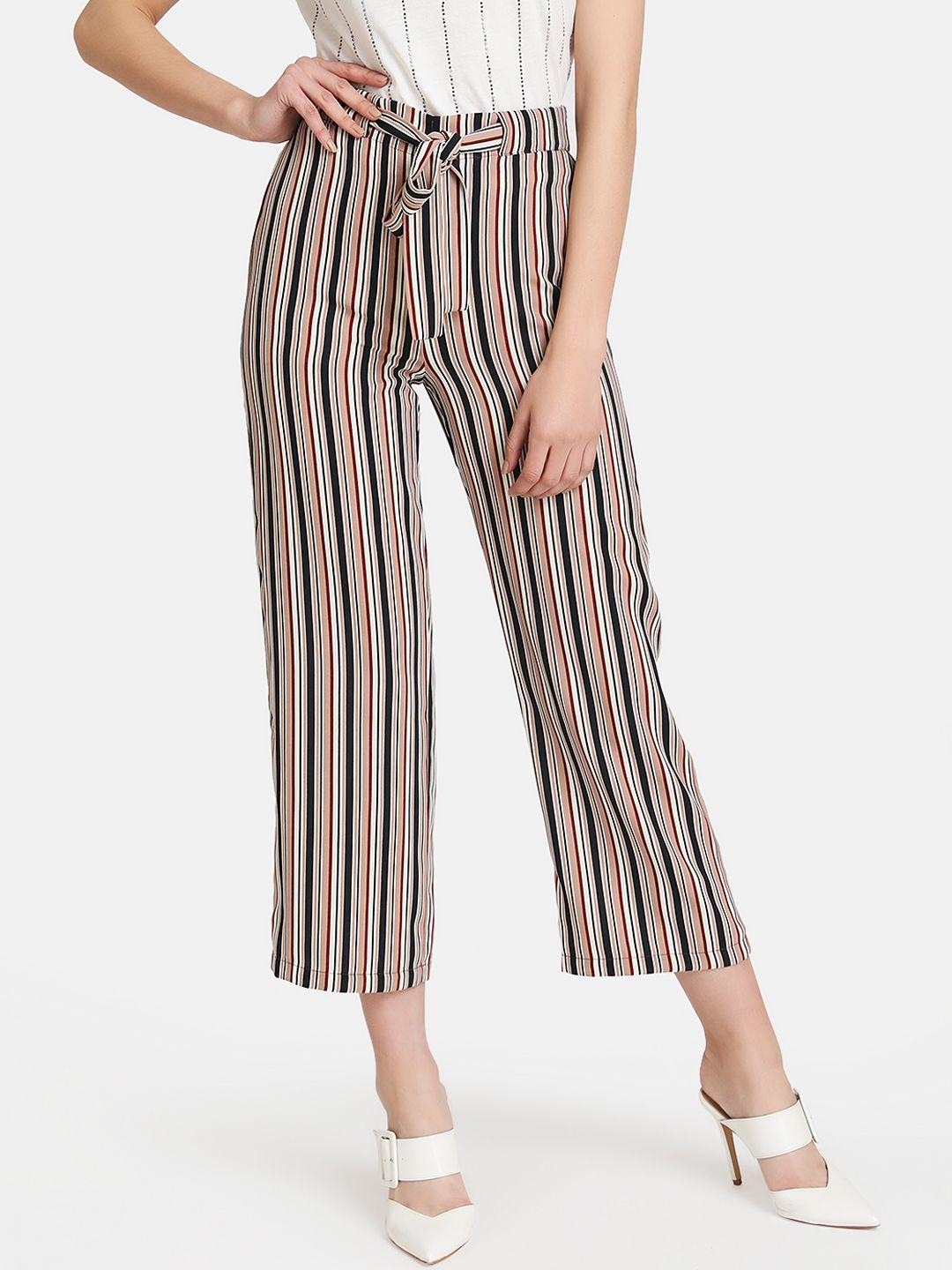 kazo women black & pink regular fit striped regular trousers