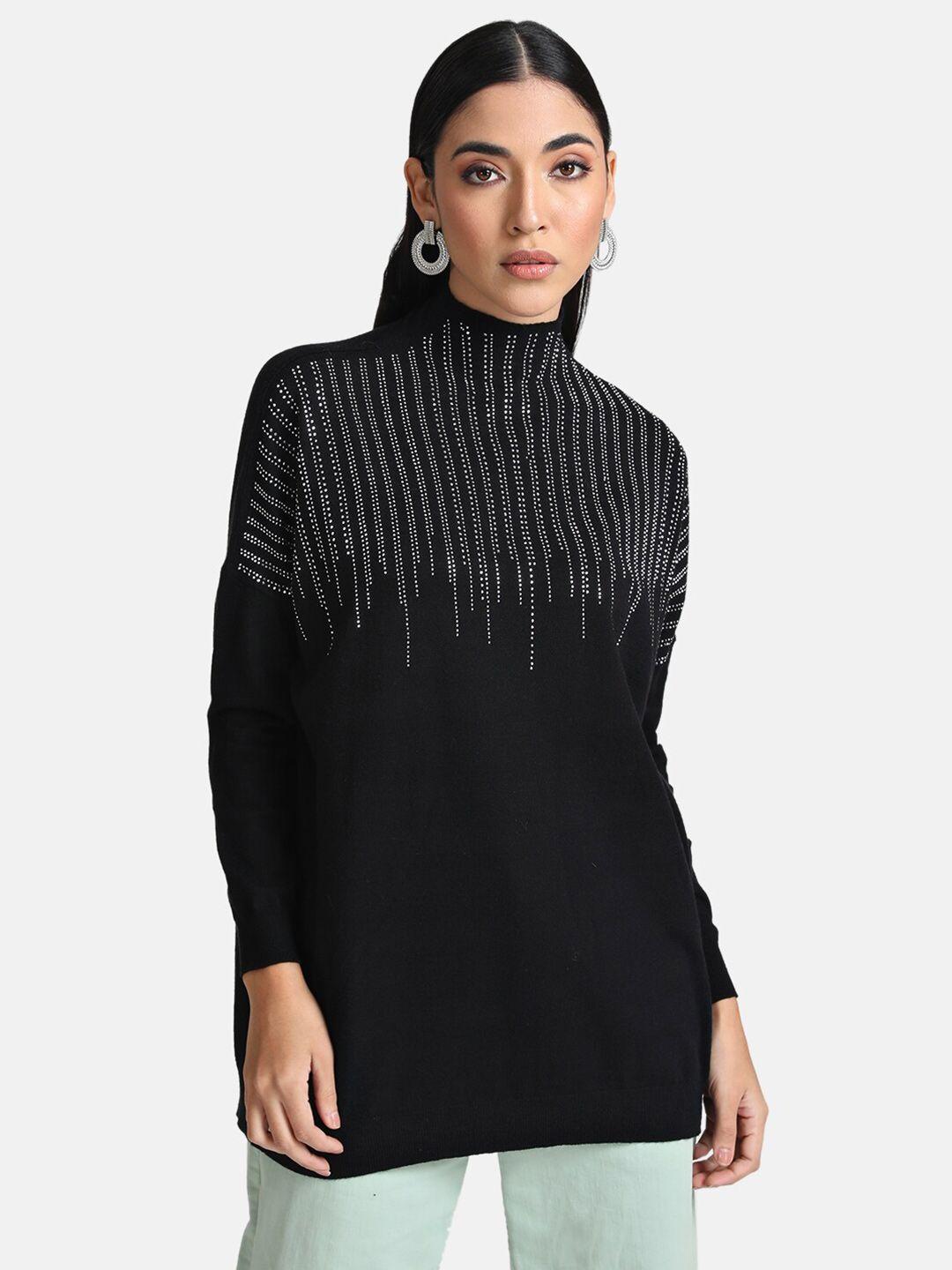 kazo women black & white striped printed longline pullover