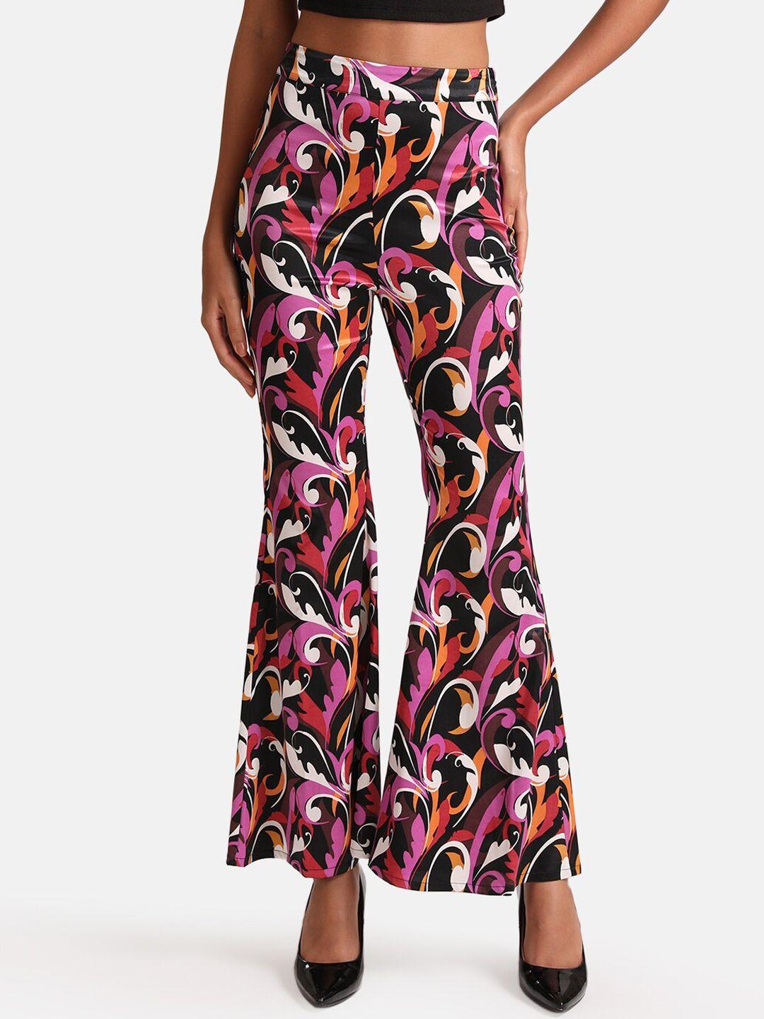 kazo women black floral abstract printed flared high-rise  bell bottom trousers