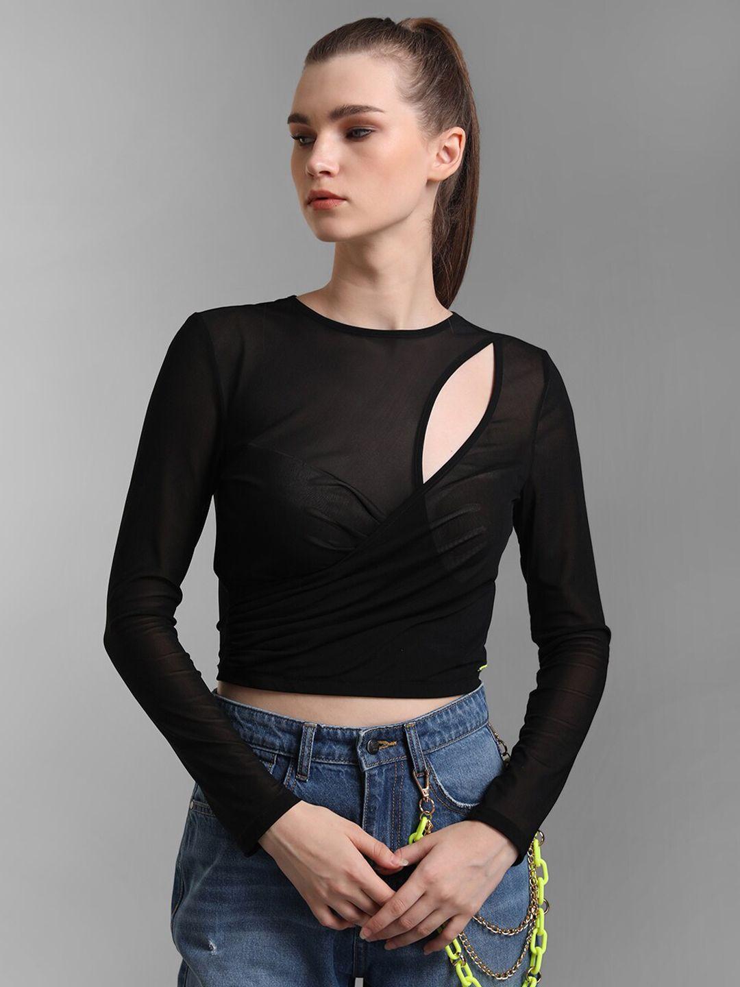 kazo women black round neck cut out crop top