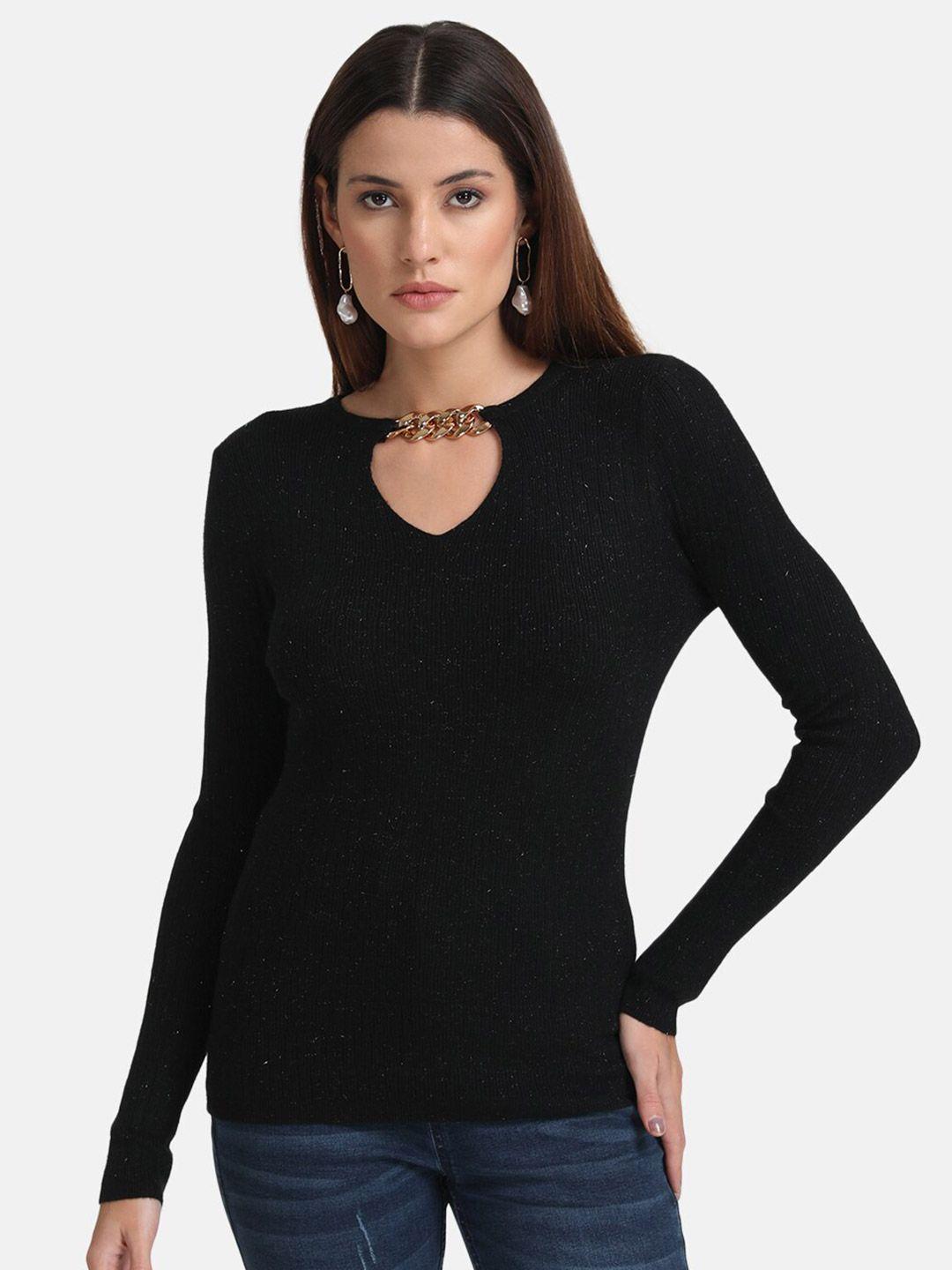 kazo women black solid long sleeve pullover