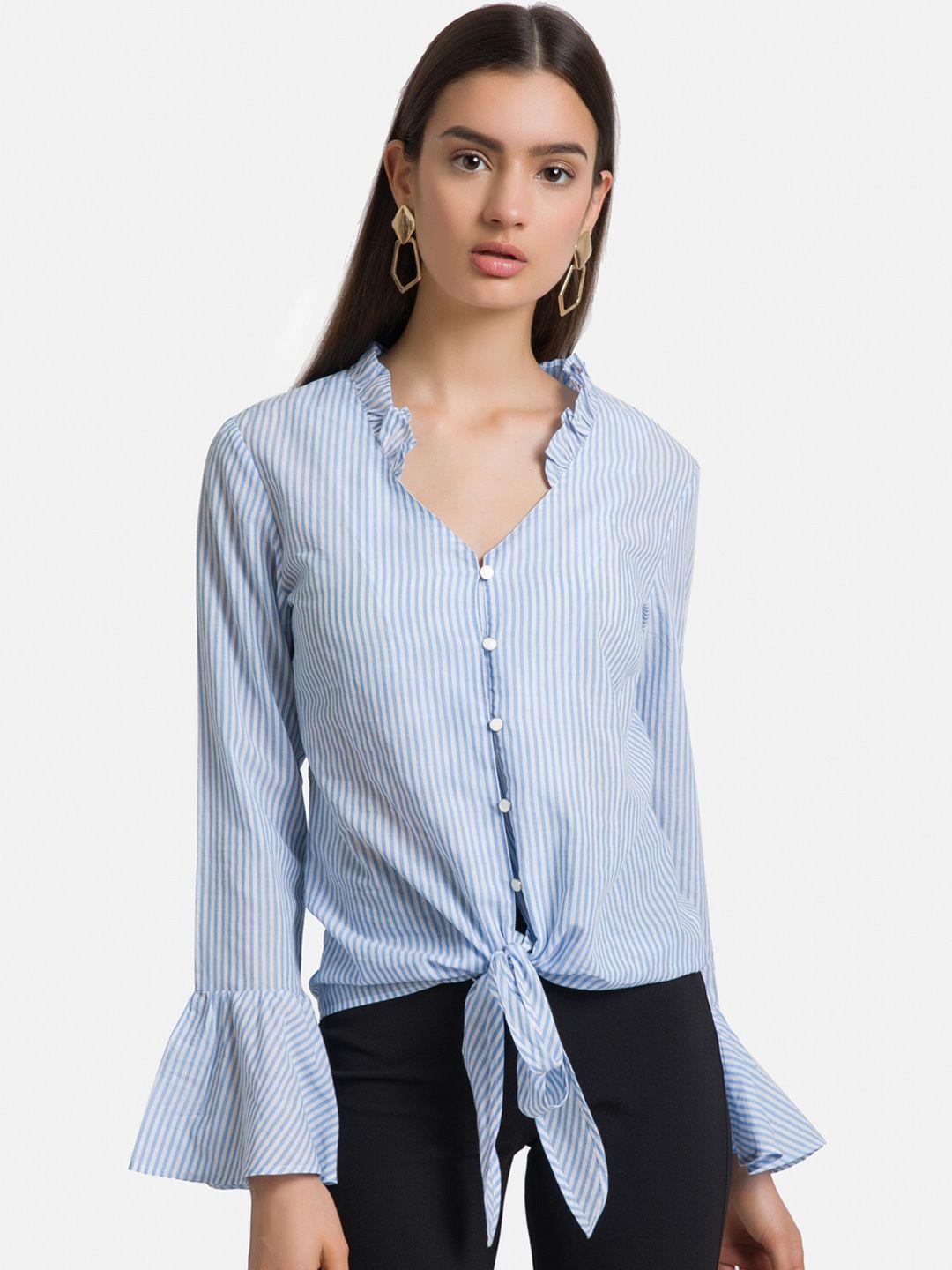 kazo women blue & white regular fit striped casual shirt