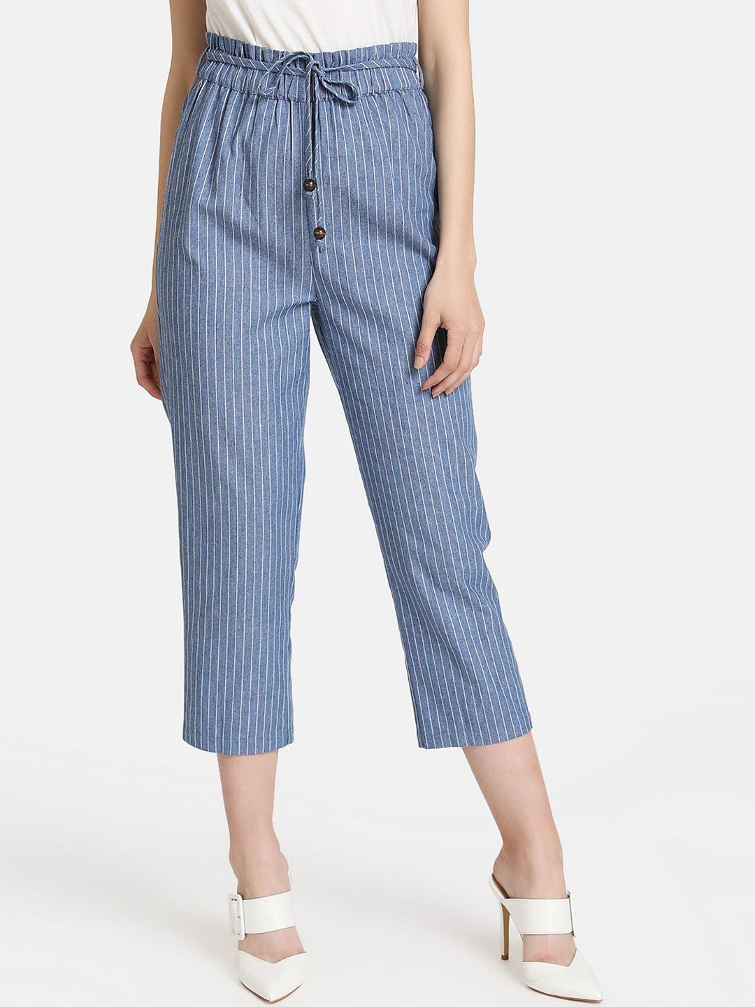 kazo women blue loose fit striped regular trousers