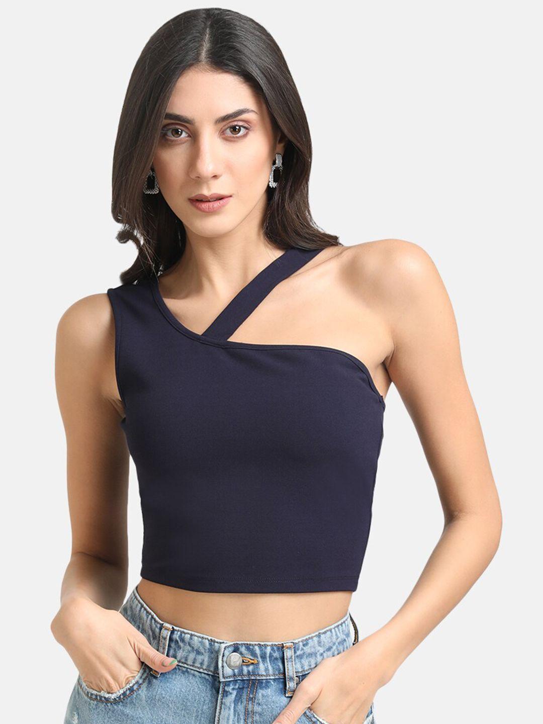 kazo women blue solid one shoulder crop top