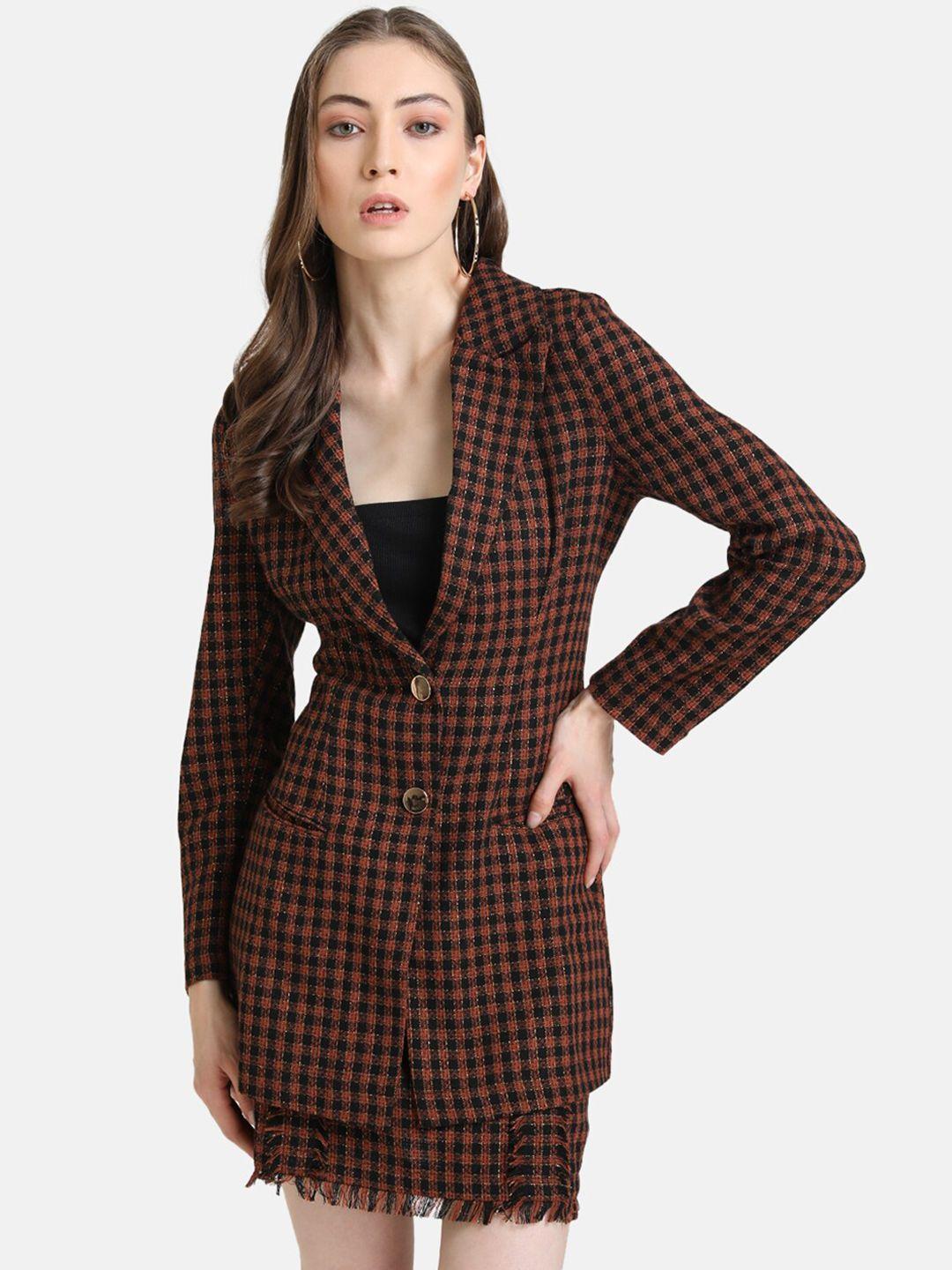 kazo women brown & black checked single breasted longline overcoat