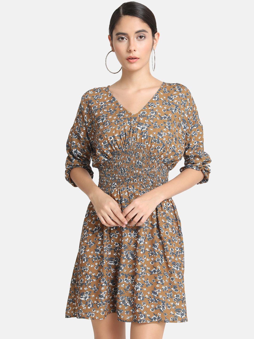 kazo women brown & blue printed fit and flare dress