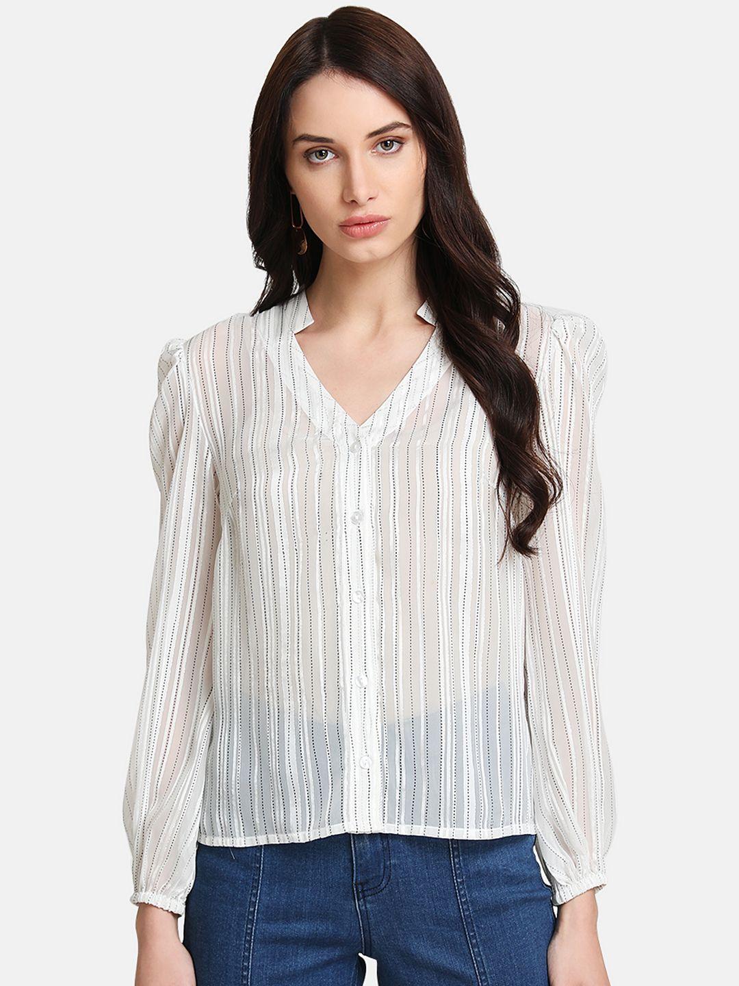 kazo women cream-coloured regular fit striped casual shirt