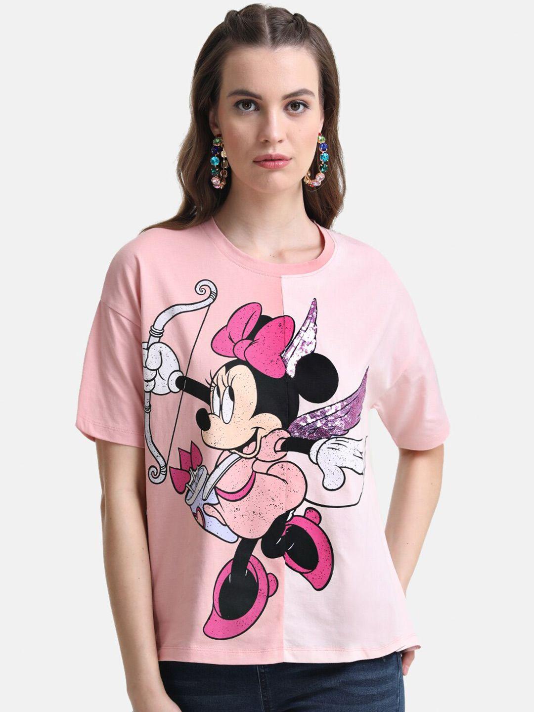 kazo women graphic minnie mouse printed drop-shoulder sleeves loose cotton t-shirt