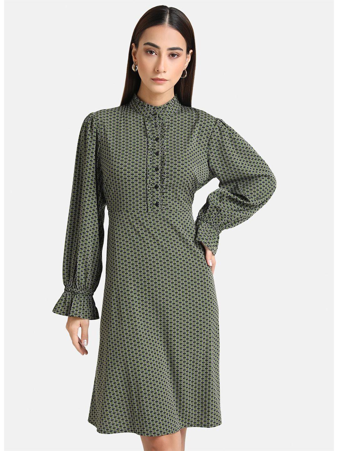 kazo women green & black printed a-line dress
