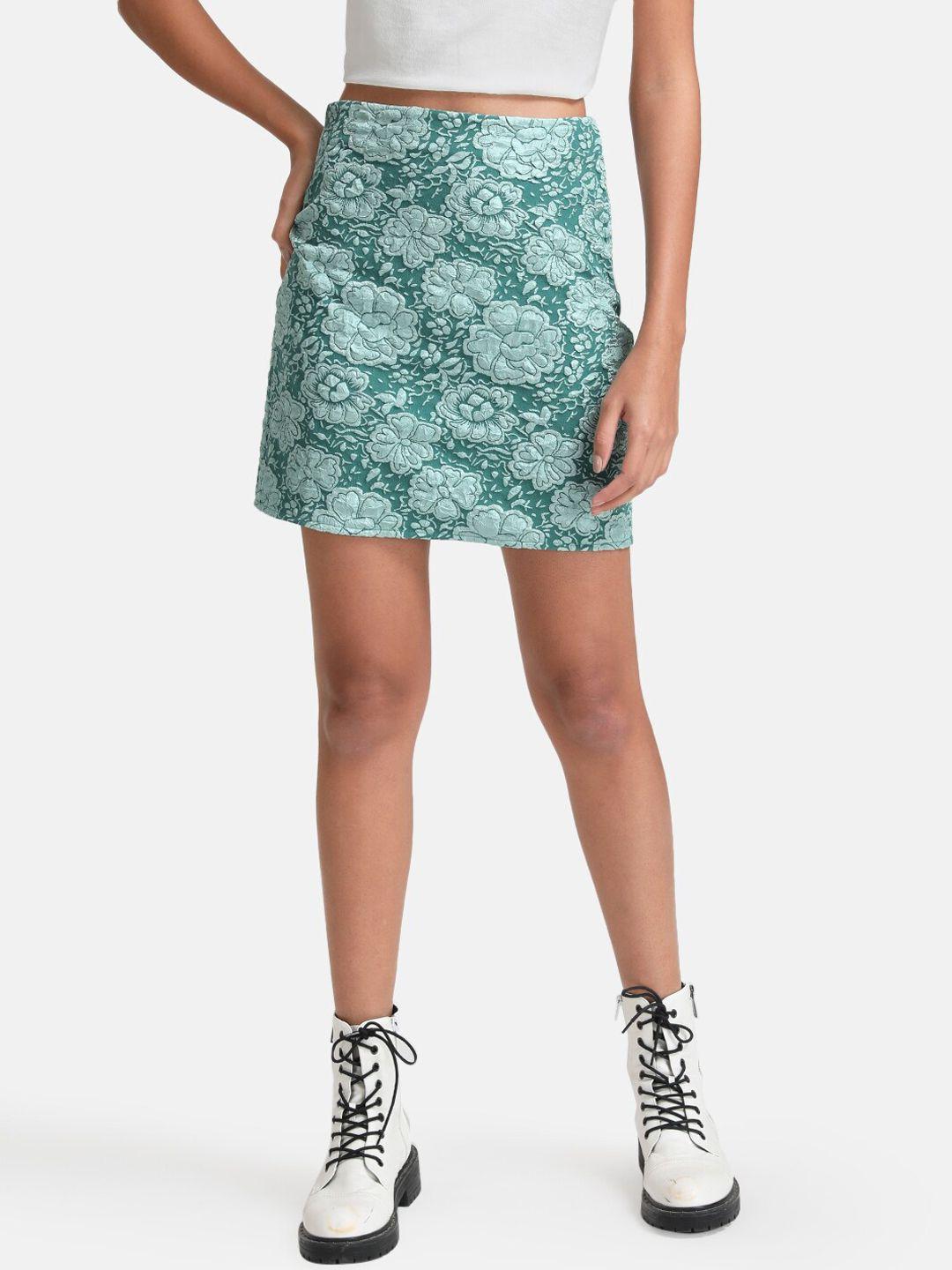 kazo women green & white floral embellished high-rise pencil mini skirt