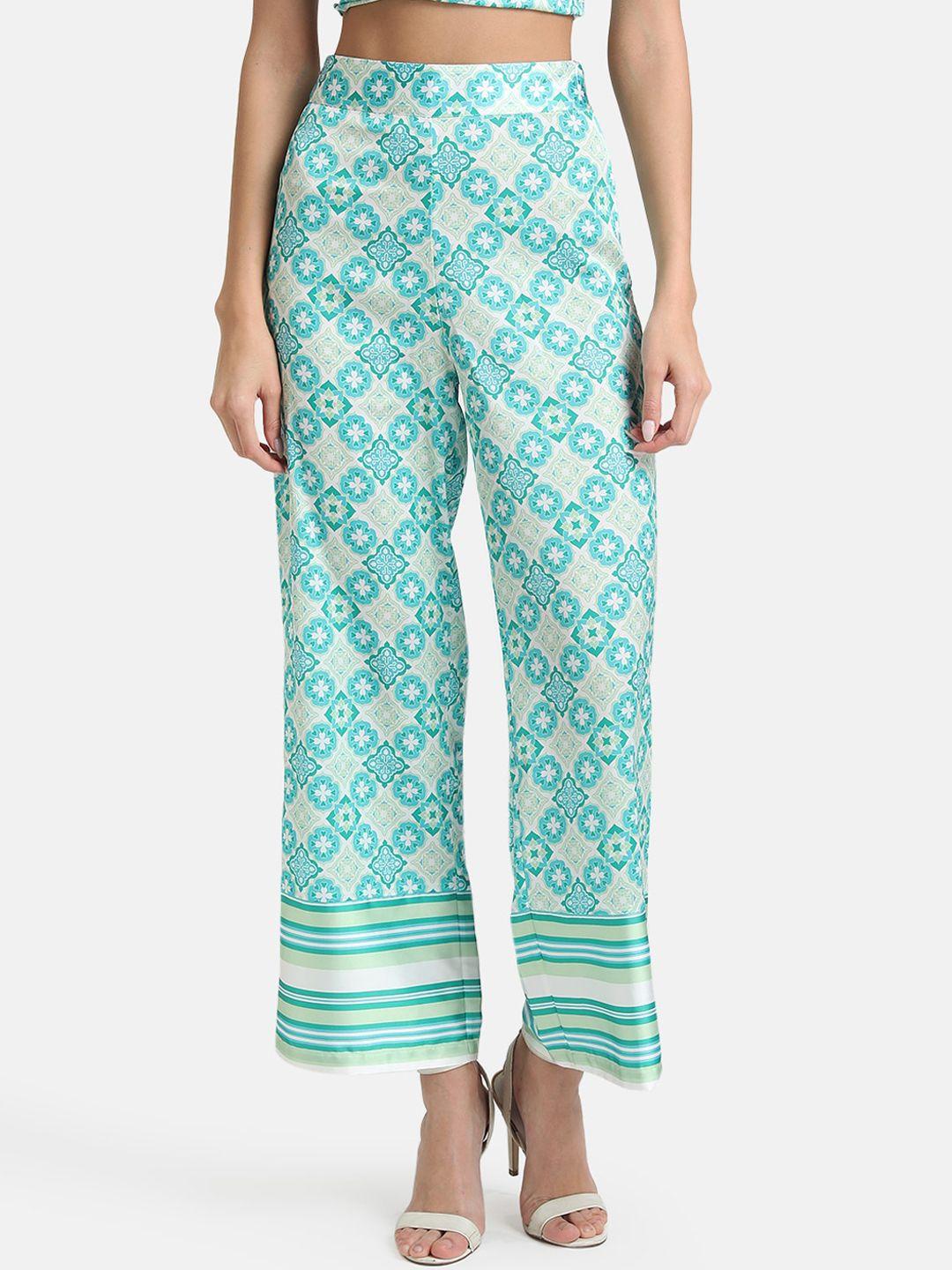 kazo women green ethnic motifs printed high-rise easy wash trousers