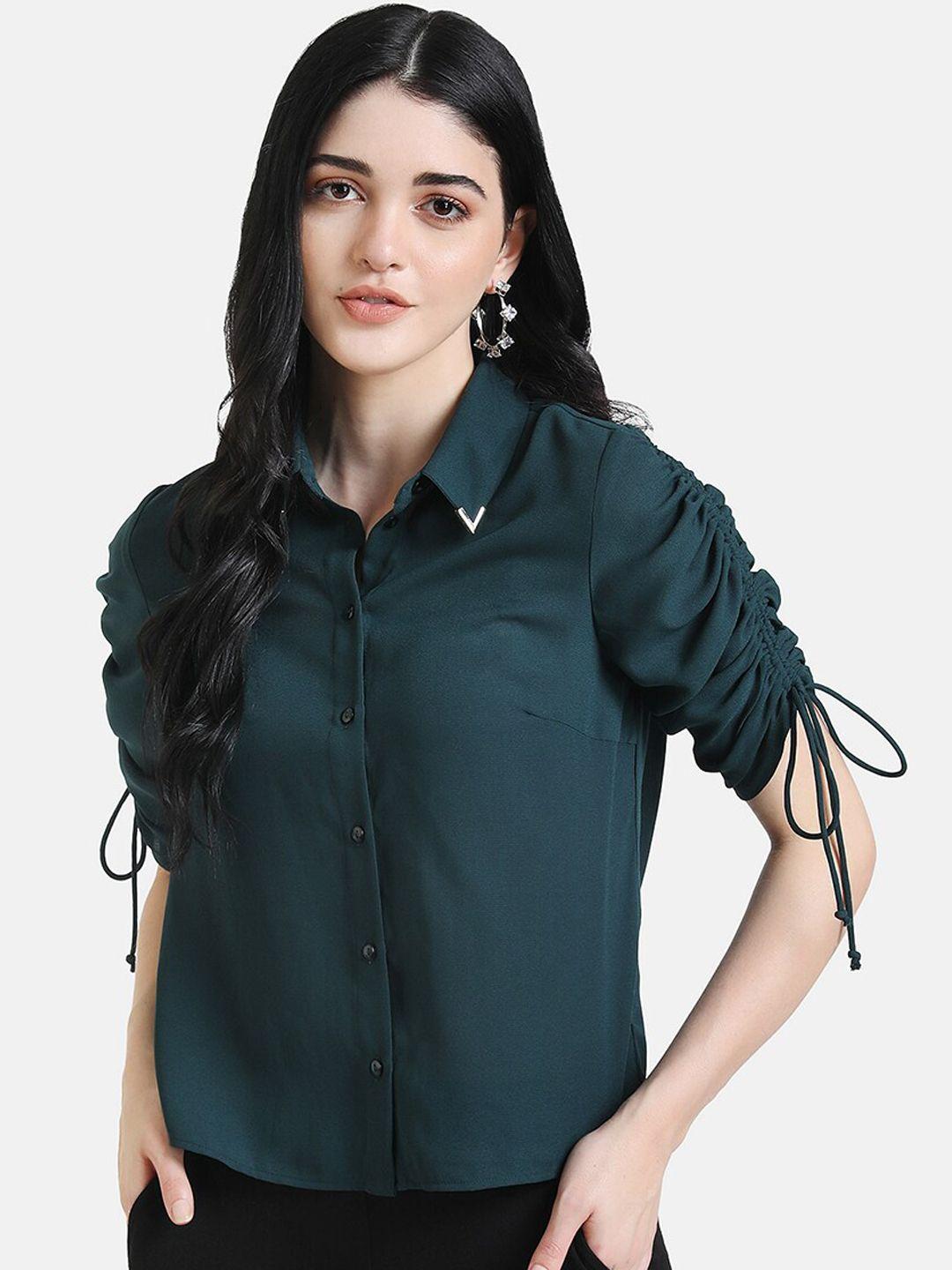 kazo women green regular fit solid casual shirt