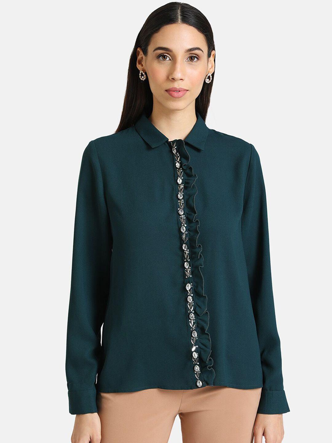 kazo women green regular fit solid casual shirt