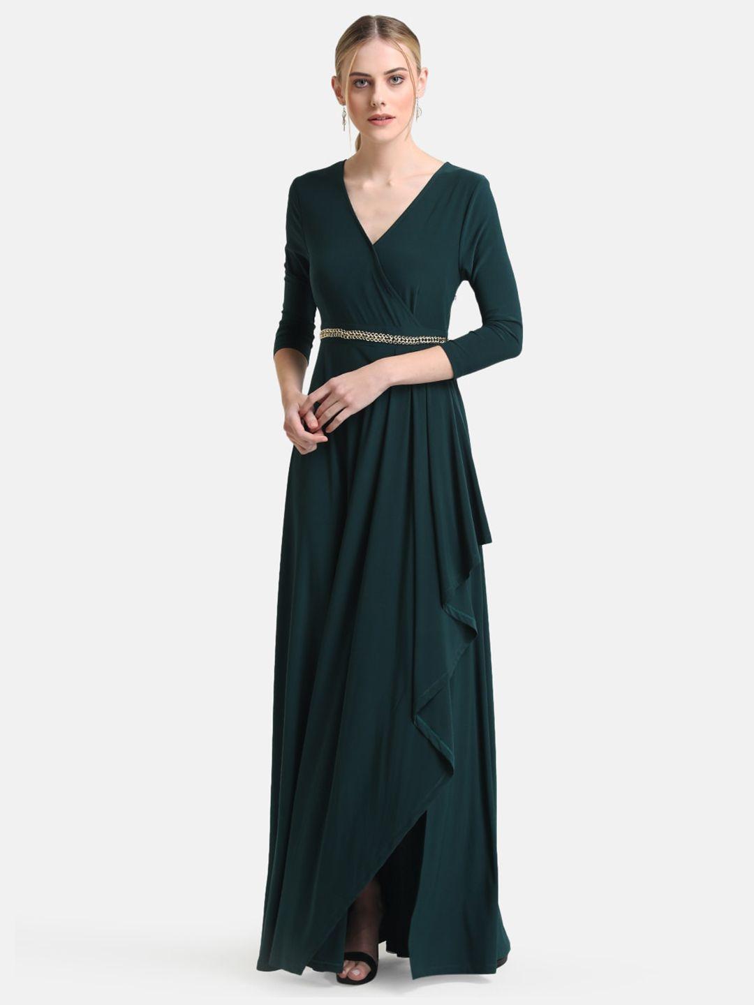 kazo women green v-neck maxi dress