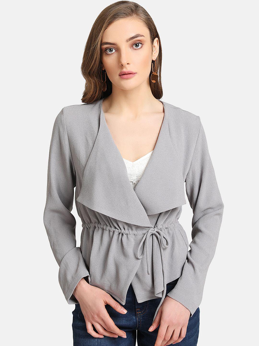 kazo women grey solid tie-up shrug