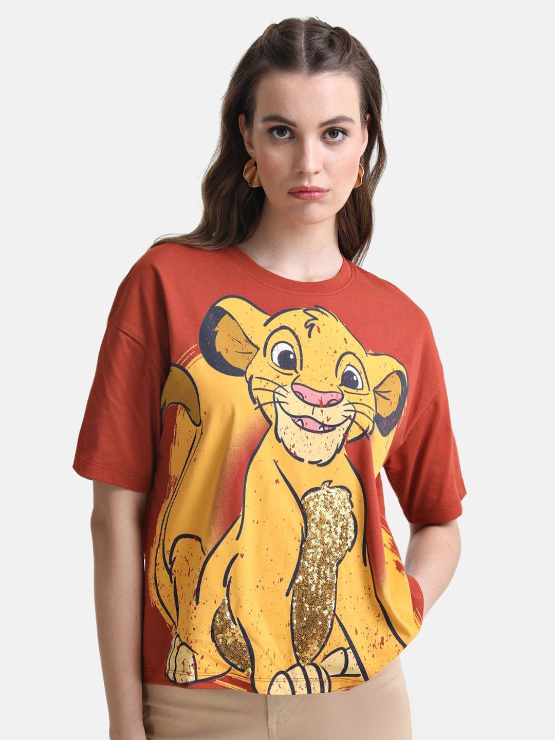 kazo women lion king printed drop-shoulder sleeves loose cotton t-shirt