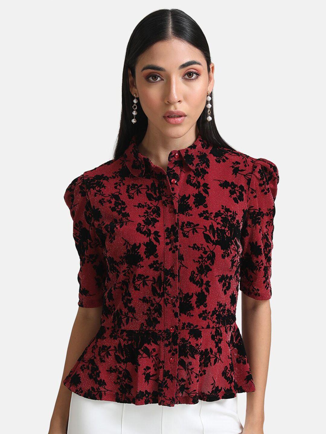 kazo women maroon classic slim fit floral party shirt