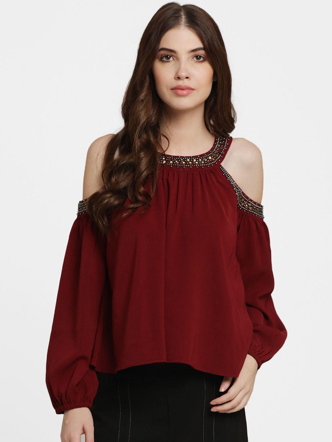 kazo women maroon embellished a-line top