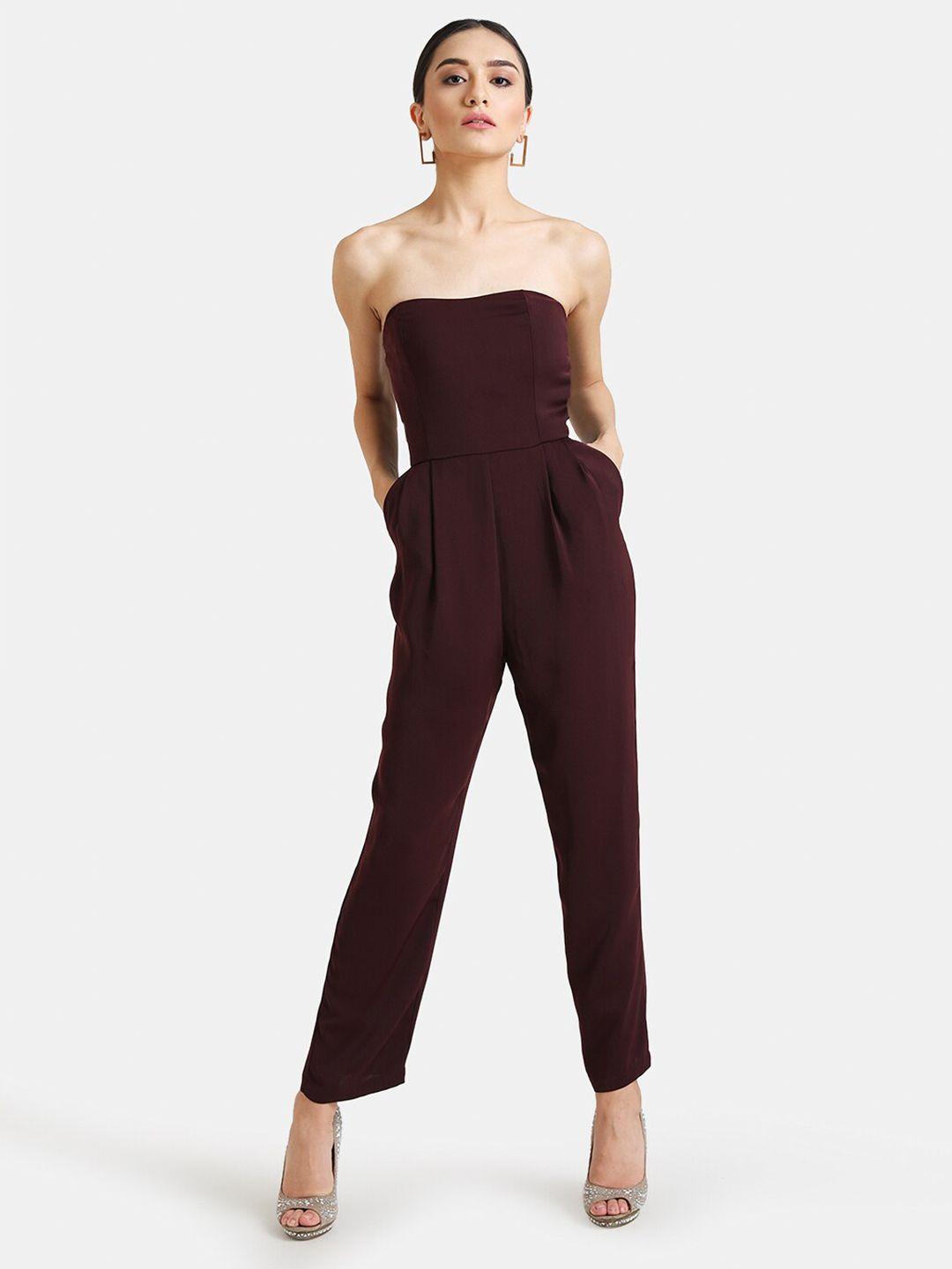 kazo women maroon off-shoulder basic jumpsuit