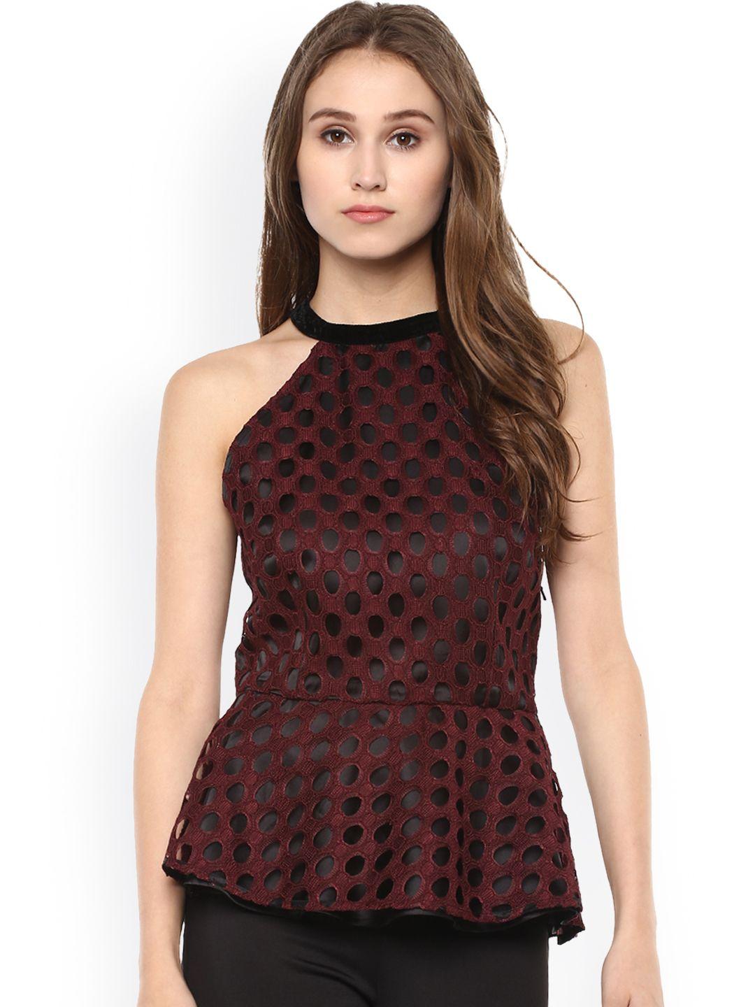 kazo women maroon polka dot print peplum top