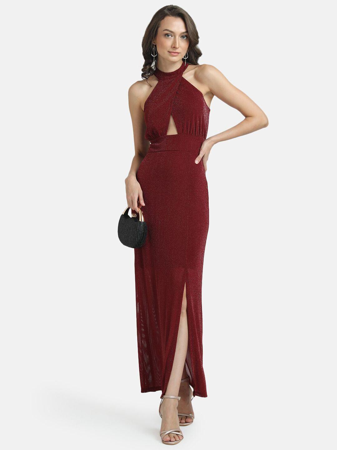 kazo women maroon solid halter neck maxi dress