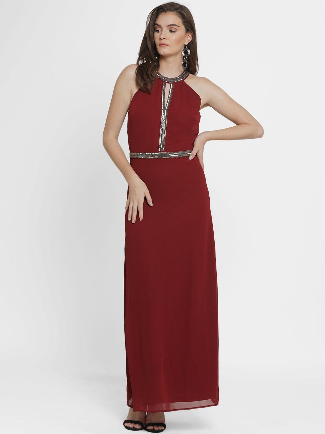 kazo women maroon solid maxi dress