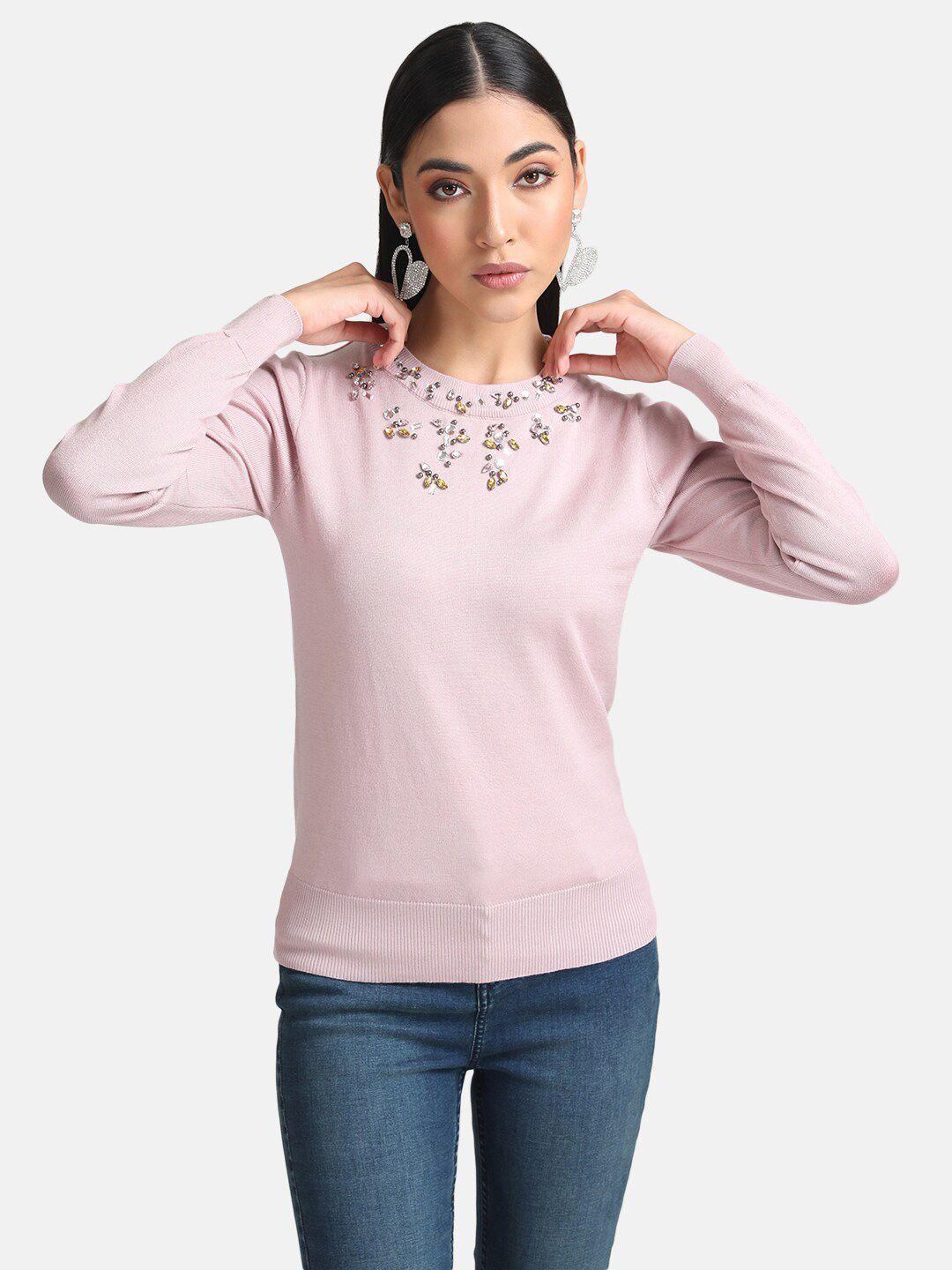 kazo women mauve & silver-toned embroidered pullover