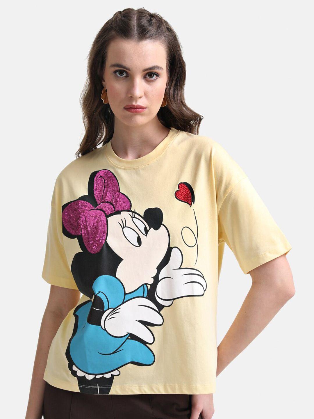 kazo women minnie mouse printed drop-shoulder sleeves cotton t-shirt