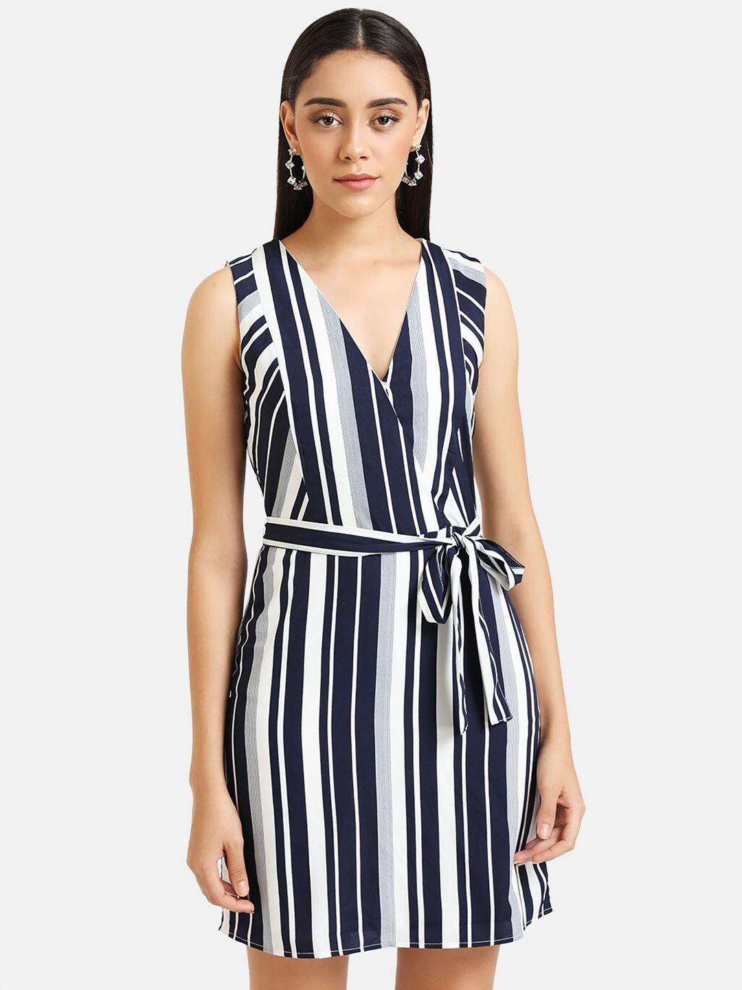 kazo women navy blue & white striped fit and flare dress