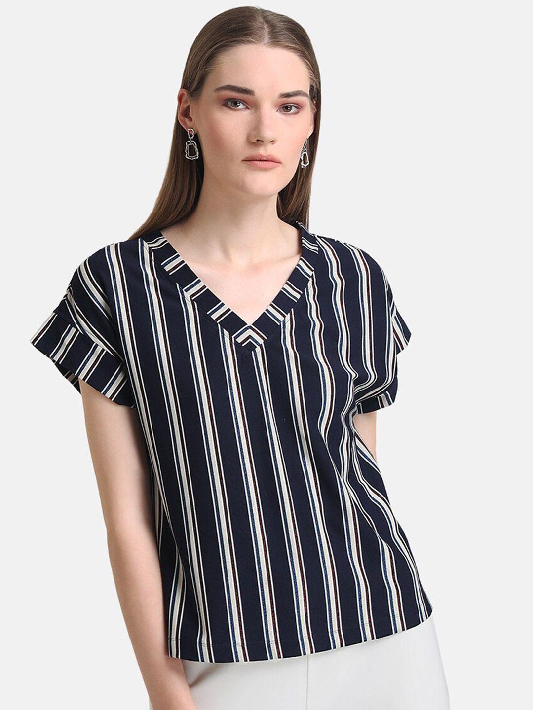 kazo women navy blue & white striped v-neck oversized  cotton t-shirt
