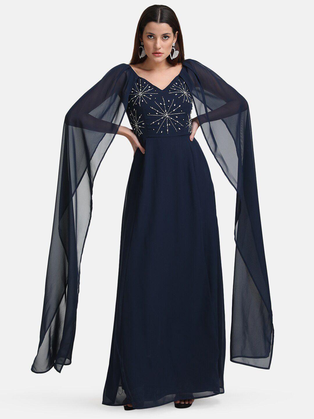 kazo women navy blue embellished georgette maxi dress