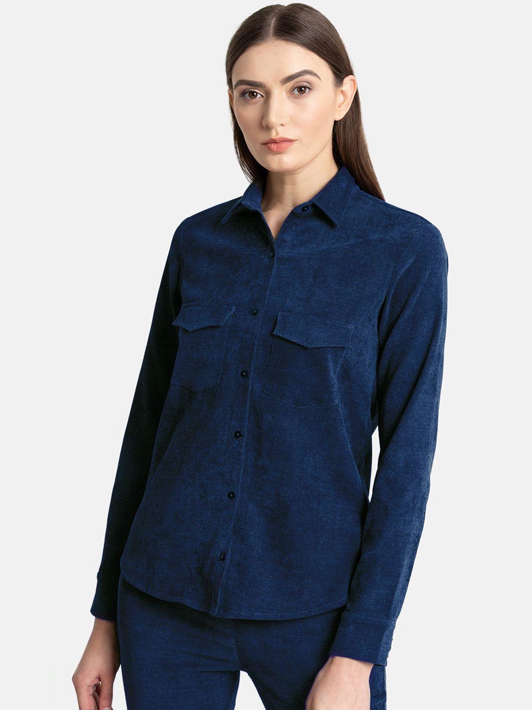 kazo women navy blue regular fit solid casual shirt