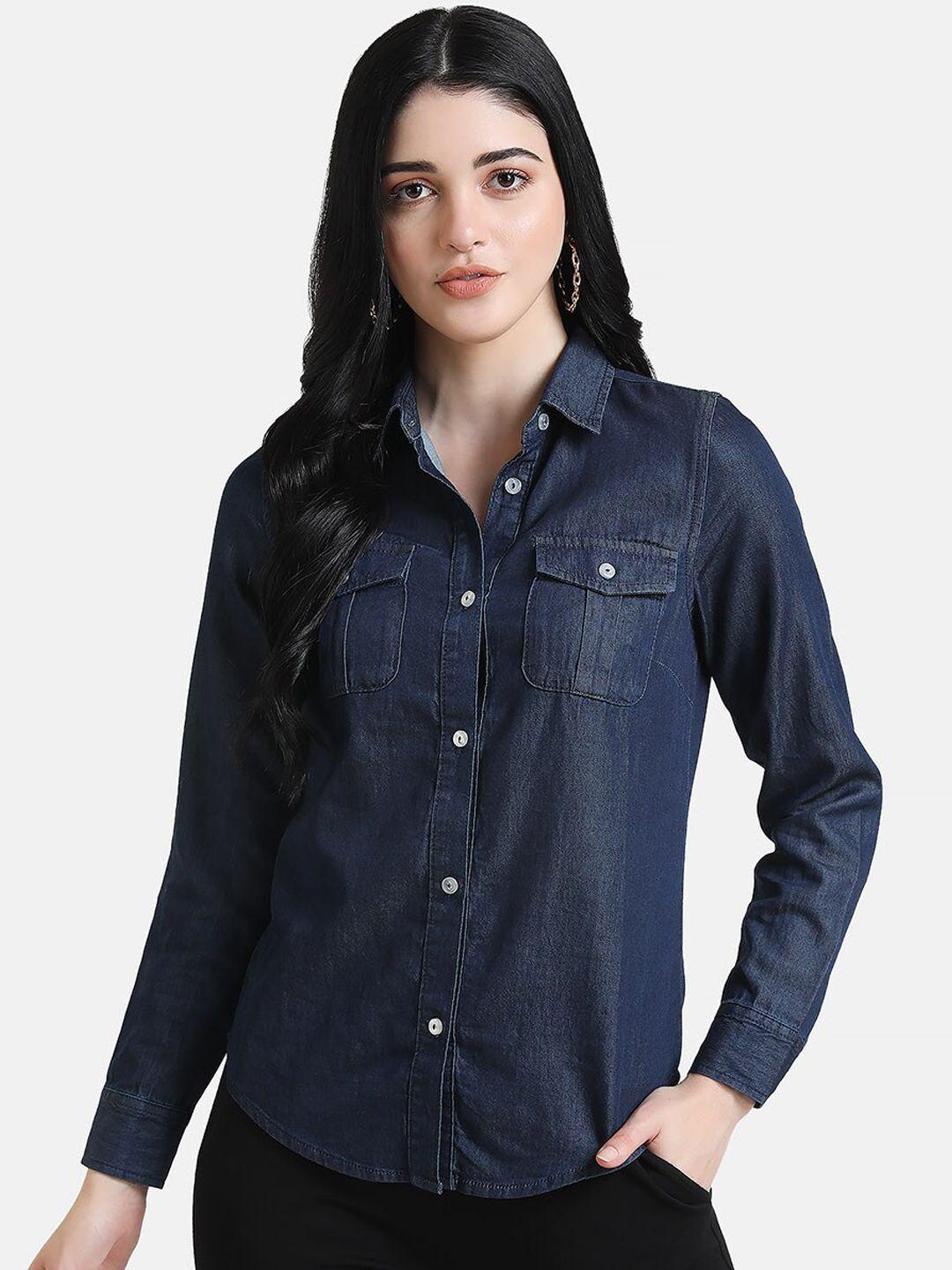 kazo women navy blue regular fit solid casual shirt