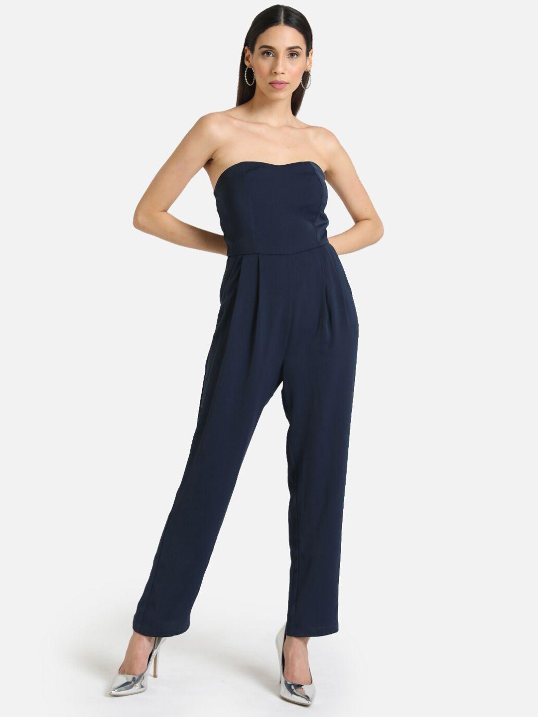 kazo women navy blue solid basic jumpsuit