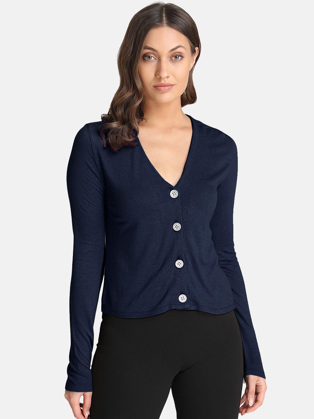 kazo women navy blue solid cardigan