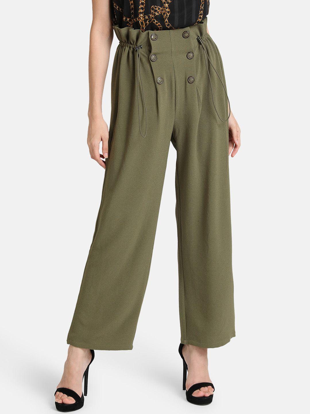 kazo women olive green loose fit solid parallel trousers