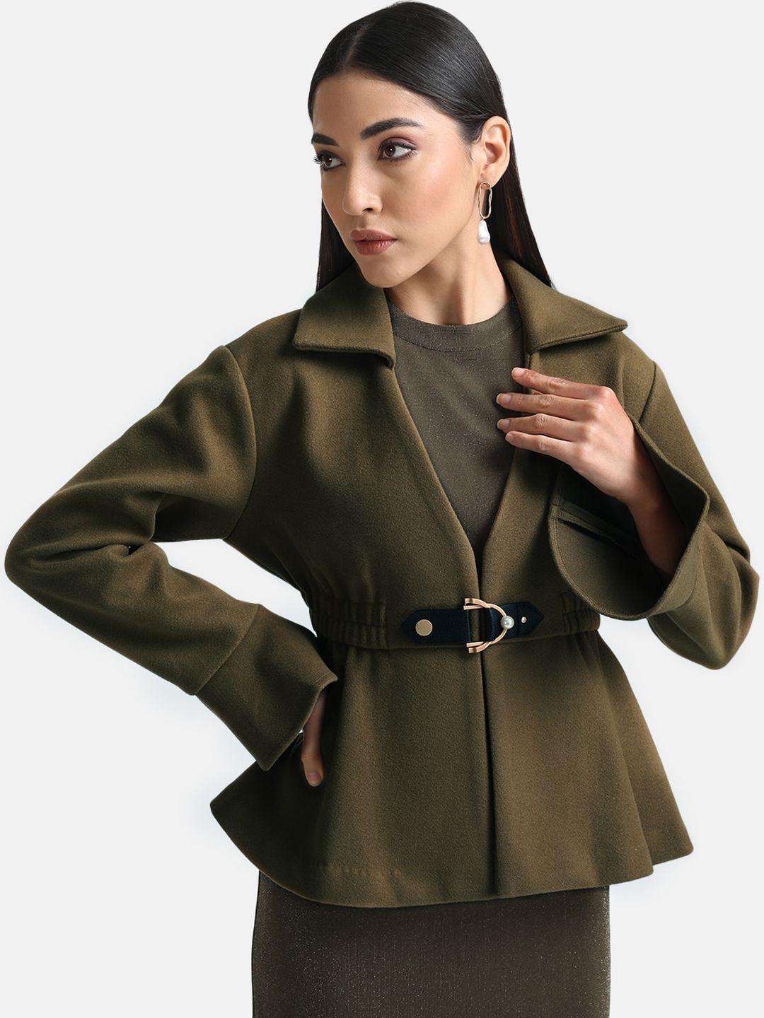 kazo women olive green peplum jacket with peplum sleeves