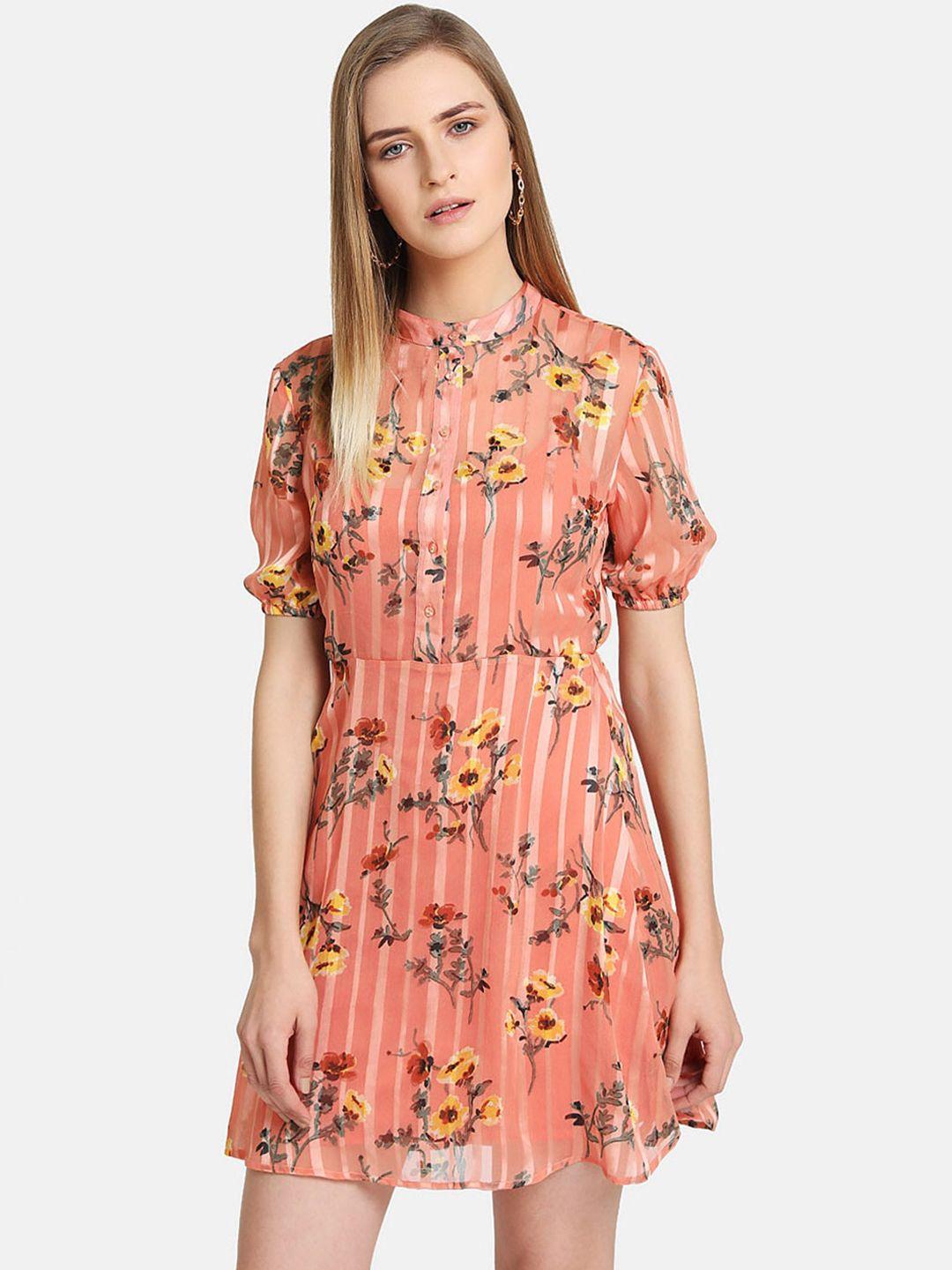 kazo women peach-coloured printed fit and flare dress