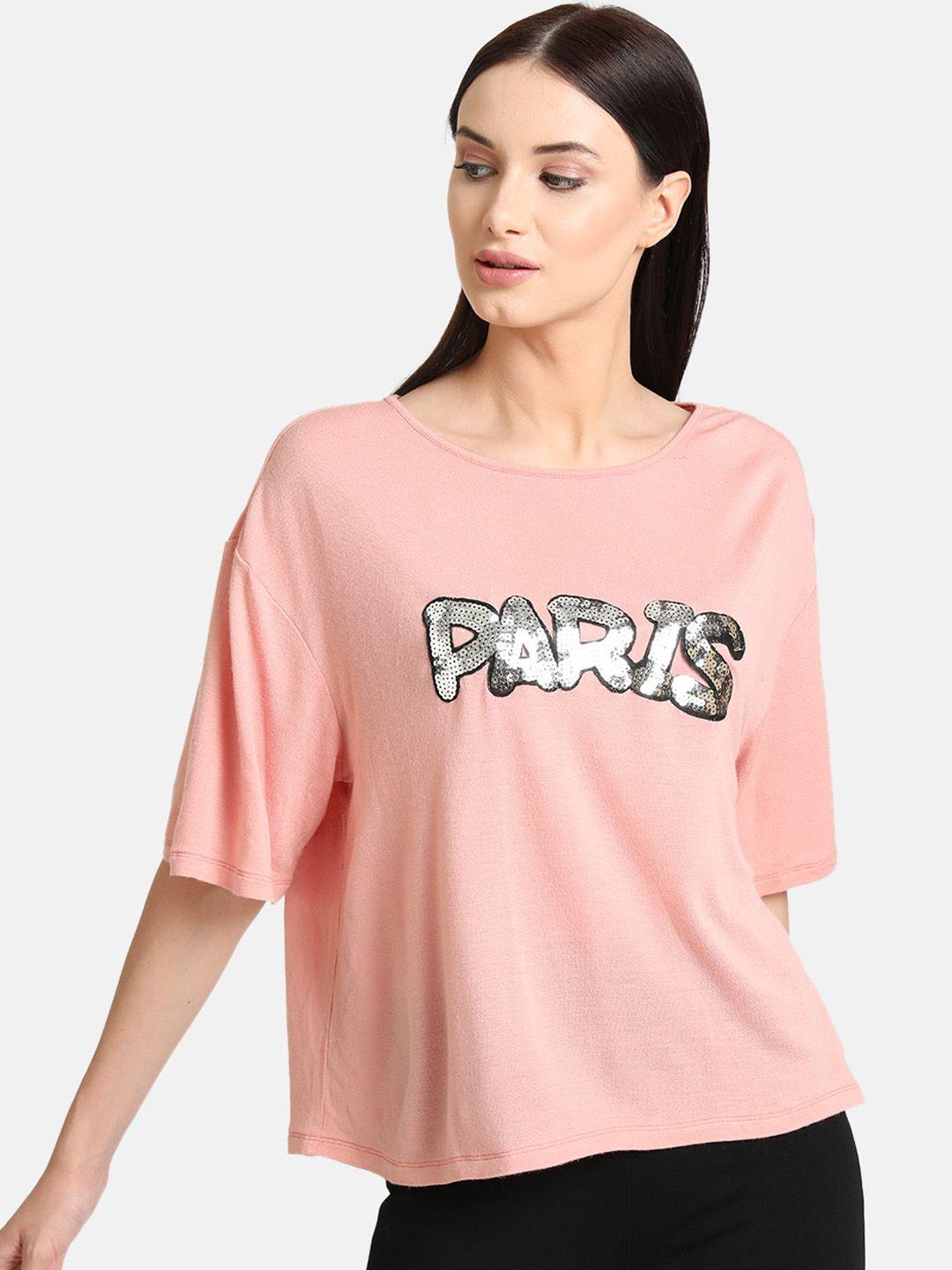 kazo women peach-coloured printed round neck t-shirt