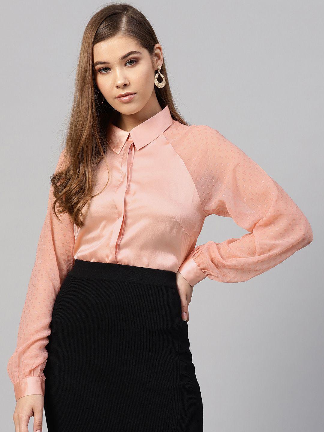 kazo women peach-coloured regular fit solid casual shirt