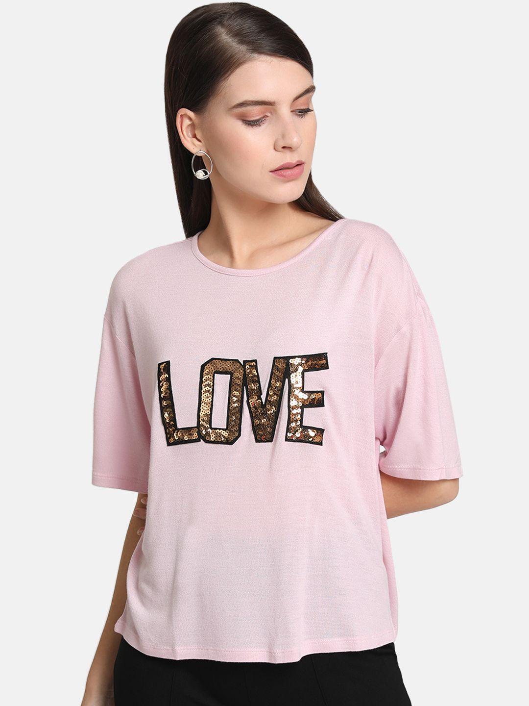 kazo women pink printed round neck t-shirt