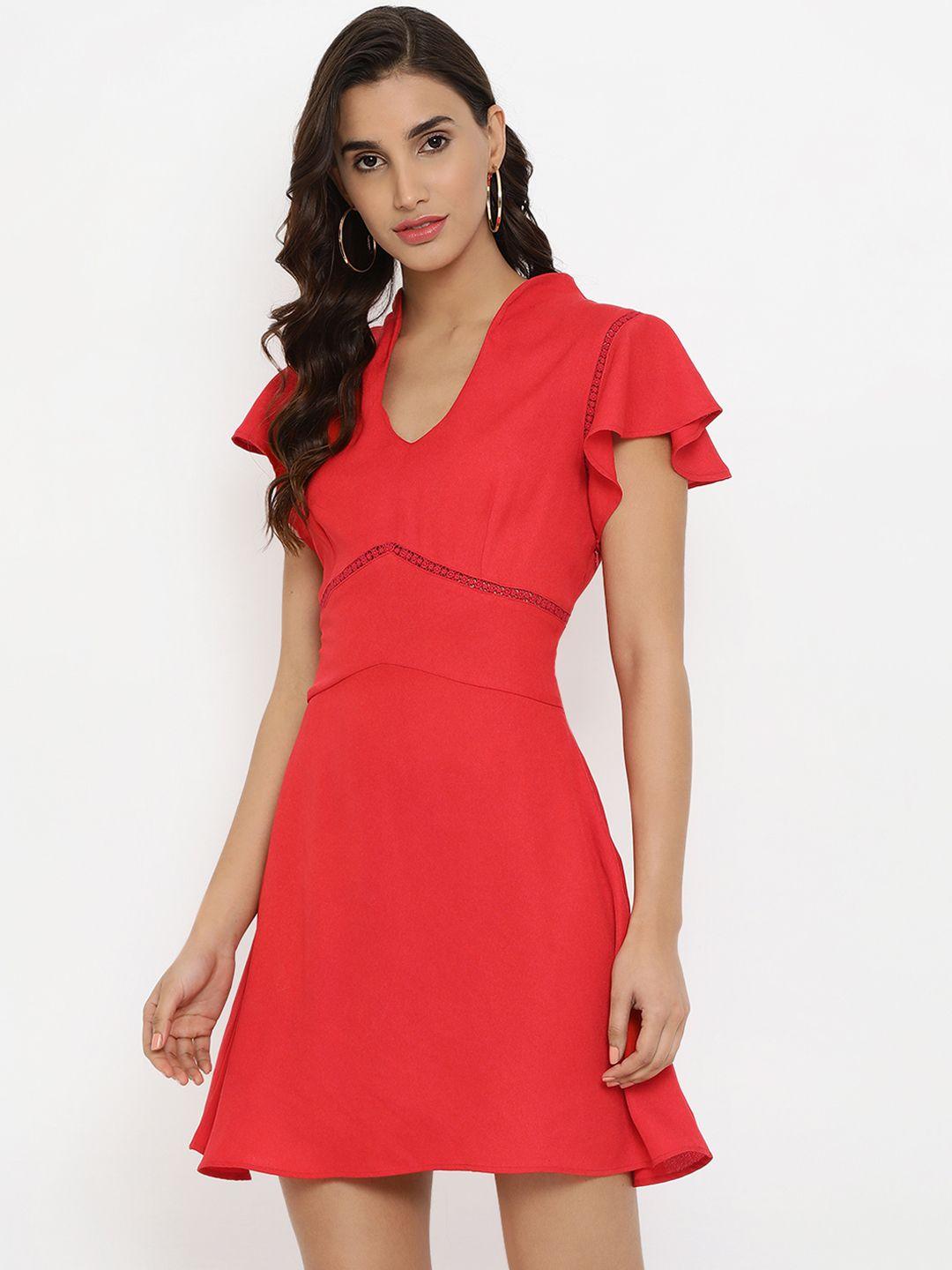 kazo women red solid fit and flare dress