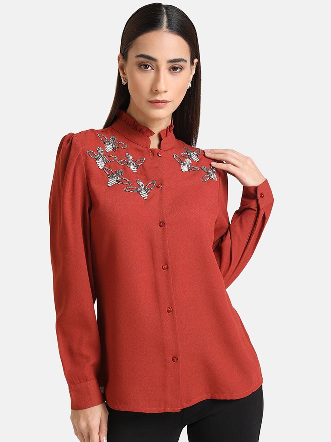 kazo women rust red opaque printed casual shirt