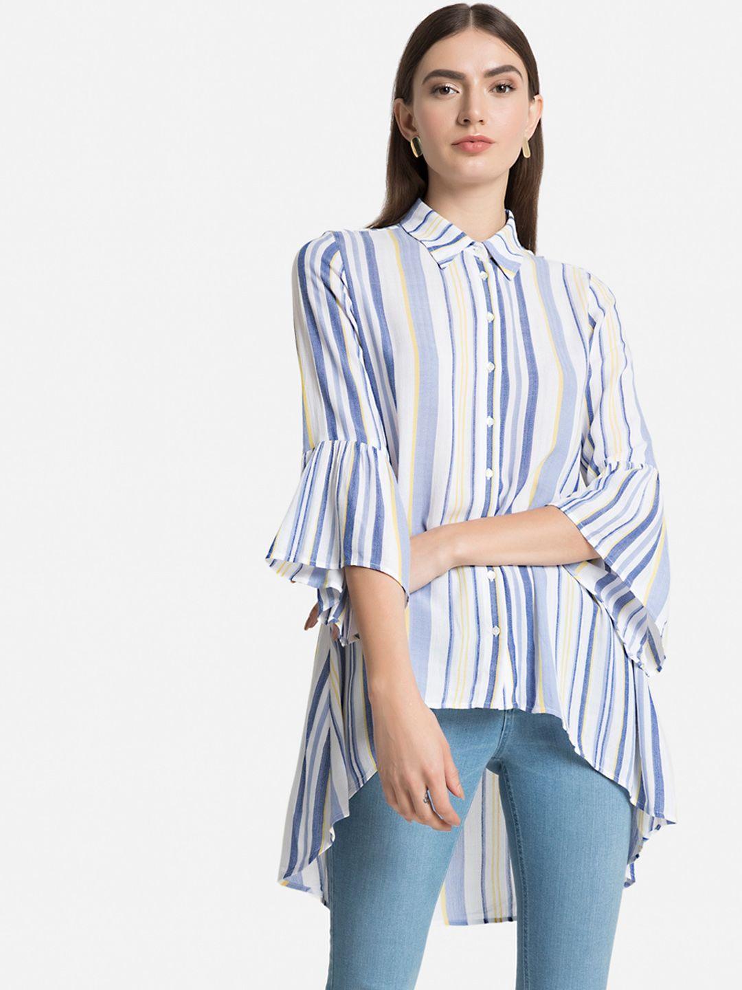kazo women white & blue regular fit striped casual shirt