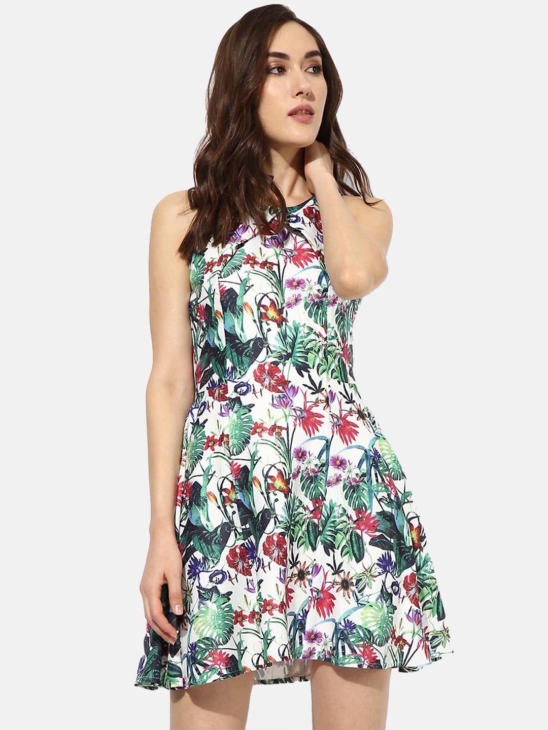 kazo women white & green floral fit & flare dress