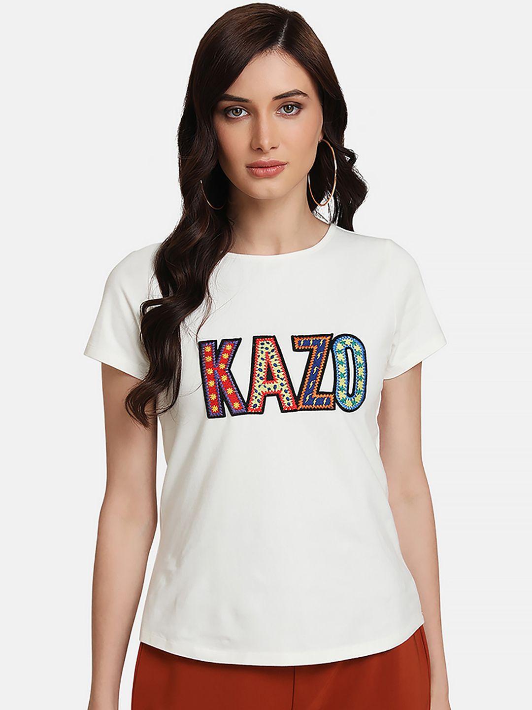 kazo women white embroidered round neck t-shirt