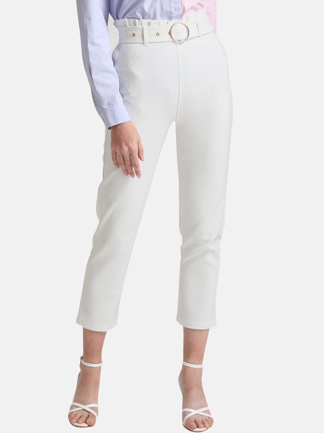 kazo women white solid high-rise parallel trousers